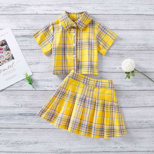 children's clothing plaid girls summer college style lapel short-sleeved shirt + high-waist skirt girl suit 210515, White
children's clothing plaid girls summer college style lapel short-sleeved shirt + high-waist skirt girl suit 210515, White