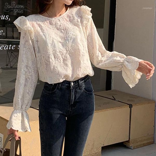 women's blouses & shirts 2021 elegant casual loose crochet lace shirt autumn flare sleeve ruffle blouse women o-neck clothing blusas 1, White
women's blouses & shirts 2021 elegant casual loose crochet lace shirt autumn flare sleeve ruffle blouse women o-neck clothing blusas 1, White