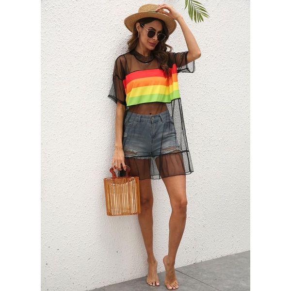 women's swimsuit cover ups colorful striped fishnet beach dress smock through long sleeve v-neck mini bodycon #t2g swimwear, White;black
women's swimsuit cover ups colorful striped fishnet beach dress smock through long sleeve v-neck mini bodycon #t2g swimwear, White;black
