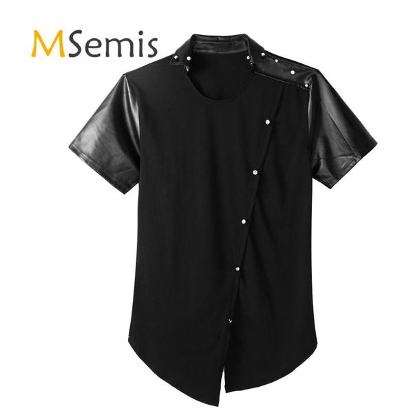 men's t-shirts mens fashion tees faux leather short sleeve turn-down collar slit hem shirts oblique button decor patchwork t-shirt, White;black
men's t-shirts mens fashion tees faux leather short sleeve turn-down collar slit hem shirts oblique button decor patchwork t-shirt, White;black
