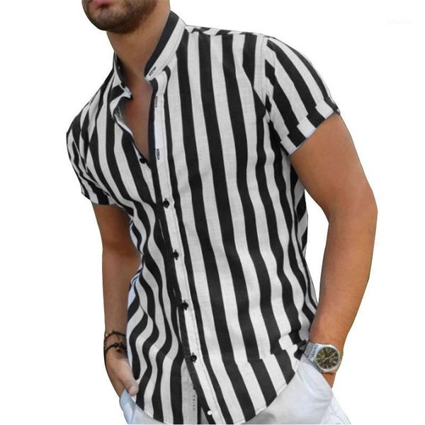 men's casual shirts men\u2021s summer short-sleeved shirt fashion stripe printing stand collar loose, White;black
men's casual shirts men\u2021s summer short-sleeved shirt fashion stripe printing stand collar loose, White;black