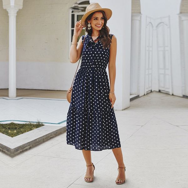spring summer women's elegant polka dot dress sleeveless temperament lace up ladies a line long dress new 210413, Black;gray
spring summer women's elegant polka dot dress sleeveless temperament lace up ladies a line long dress new 210413, Black;gray