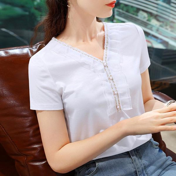 women's t-shirt ice silk summer button lace stitching v-neck french gentle wind white fashion thin slim ladies
women's t-shirt ice silk summer button lace stitching v-neck french gentle wind white fashion thin slim ladies
