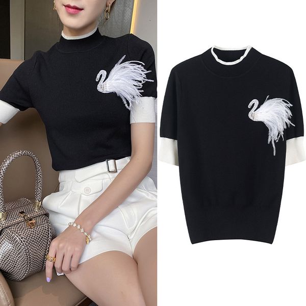 women's t-shirt swan feather frizzy female mesh sweater fall fashion round waist thin contrast short sleeve blouse color 6g67, White
women's t-shirt swan feather frizzy female mesh sweater fall fashion round waist thin contrast short sleeve blouse color 6g67, White