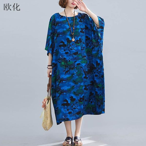 casual dresses oversize vintage print linen dress women plus size batwing sleeve cotton maxi robe femme summer boho sundress 2021, Black;gray 
casual dresses oversize vintage print linen dress women plus size batwing sleeve cotton maxi robe femme summer boho sundress 2021, Black;gray