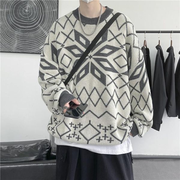 men's sweaters 2022 geometric pattern jacquard round neck sweater teenagers fall japanese retro style trends loose casual, White;black
men's sweaters 2022 geometric pattern jacquard round neck sweater teenagers fall japanese retro style trends loose casual, White;black