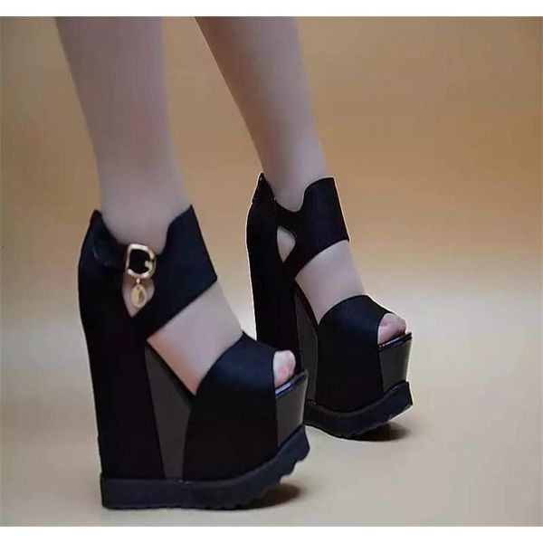 slippers thick-soled sponge cake platform women's shoes fish mouth hollow super high heels 15 cm sandals muffins wedges, Black
slippers thick-soled sponge cake platform women's shoes fish mouth hollow super high heels 15 cm sandals muffins wedges, Black