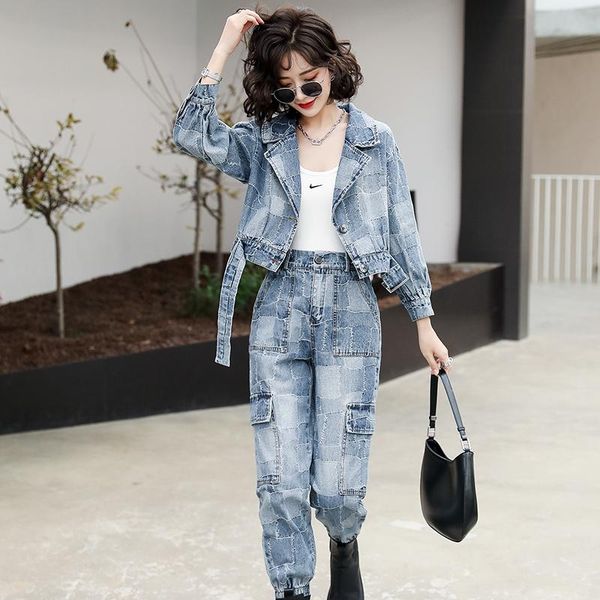 cowboy two-piece set 2021 spring and autumn single-breasted lapel short jacket + high waist jeans casual fashion suit women women's two, White
cowboy two-piece set 2021 spring and autumn single-breasted lapel short jacket + high waist jeans casual fashion suit women women's two, White