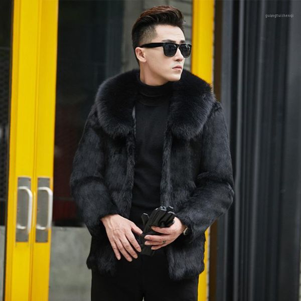 men's leather & faux haining fur coat raccoon dog collar integrated leisure in winter 2021, Black
men's leather & faux haining fur coat raccoon dog collar integrated leisure in winter 2021, Black