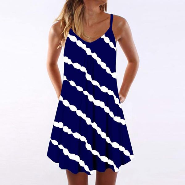women knee length dress summer female casual striped loose print suspender sling beach vestidos dresses, Black;gray
women knee length dress summer female casual striped loose print suspender sling beach vestidos dresses, Black;gray