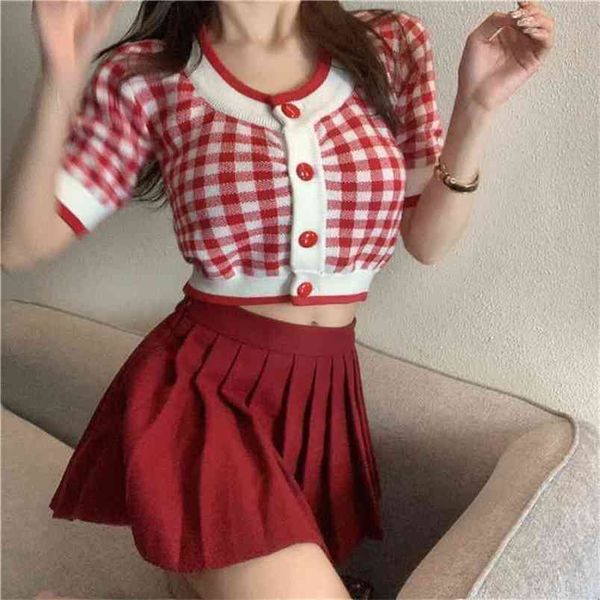 retro plaid short-sleeved knitted womne's summer sweet candy colors u collar single-breasted cropped sweater 210602, White
retro plaid short-sleeved knitted womne's summer sweet candy colors u collar single-breasted cropped sweater 210602, White