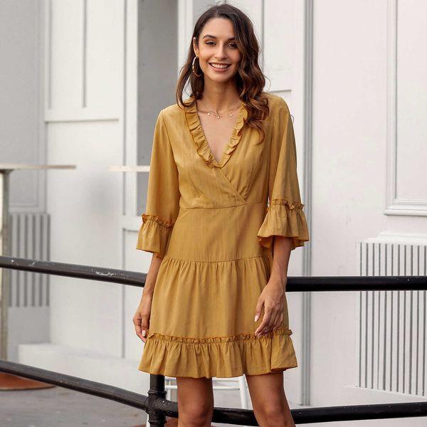 women spring summer dresses female v-neck butterfly sleeve ruffles women's dress sweet female a-line pleated 210524, Black;gray
women spring summer dresses female v-neck butterfly sleeve ruffles women's dress sweet female a-line pleated 210524, Black;gray