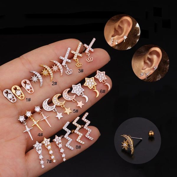 stud 1pc chic moon star cross crown sword pin cz zircon ear ring stainless steel screw earrings creative piercing jewelry, Golden;silver
stud 1pc chic moon star cross crown sword pin cz zircon ear ring stainless steel screw earrings creative piercing jewelry, Golden;silver