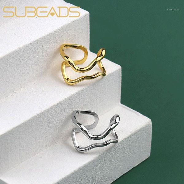 cluster rings subeads 925 sterling silver irregular double line open for women female finger geometric adjustable fine jewelry1, Golden;silver