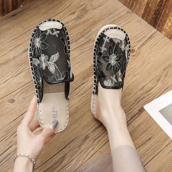 slippers women's fretwork lace mesh embroidered floral flat mules plates feminino espadrilles straw weave flax slides shoes, Black
slippers women's fretwork lace mesh embroidered floral flat mules plates feminino espadrilles straw weave flax slides shoes, Black