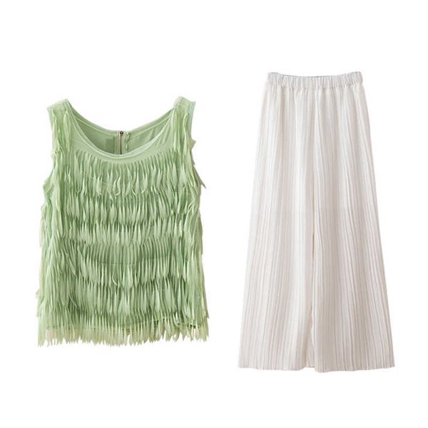 perhaps u summer light green red vest sleeveless tassel o neck ruched chiffon wide leg pants full pants two-piece set t0165 210529, White
perhaps u summer light green red vest sleeveless tassel o neck ruched chiffon wide leg pants full pants two-piece set t0165 210529, White