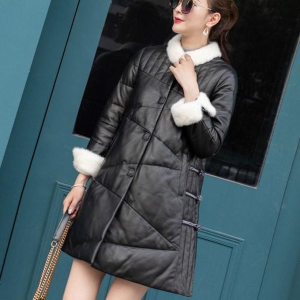women's leather & faux streetwear genuine down coat female brand collar warm sheepskin outwear winter elegant office lady jacket, Black
women's leather & faux streetwear genuine down coat female brand collar warm sheepskin outwear winter elegant office lady jacket, Black