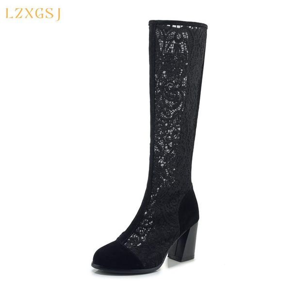 summer air mesh women high boots round toe back zipper thick heels knee-high female fashion shoes, Black