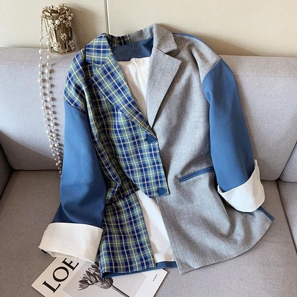 women's suits & blazers 2021 autumn winter vintage stylish patchwork plaid irregular blazer women fashion long sleeve female coats outw, White;black
women's suits & blazers 2021 autumn winter vintage stylish patchwork plaid irregular blazer women fashion long sleeve female coats outw, White;black