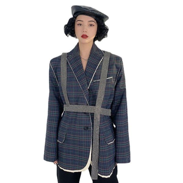 women's suits & blazers blue plaid oversize ribbon women elegant lapel long sleeve loose fit jackets fashion tide spring autumn 2021 wo, White;black
women's suits & blazers blue plaid oversize ribbon women elegant lapel long sleeve loose fit jackets fashion tide spring autumn 2021 wo, White;black