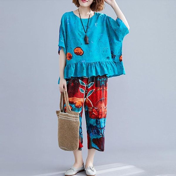 women cotton linen summer 2 piece sets 2021 vintage botanical print loose female ruffles tshirt +calf-length pants casual suits women's, White
women cotton linen summer 2 piece sets 2021 vintage botanical print loose female ruffles tshirt +calf-length pants casual suits women's, White