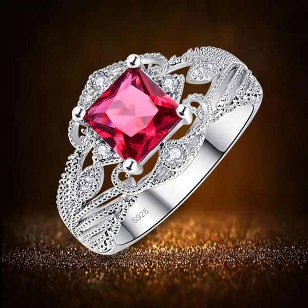 cluster rings j.c princess cut garnet & white z 925 sterling silver ring size 6 7 8 9 women wedding cocktail jewelry gift, Golden;silver
