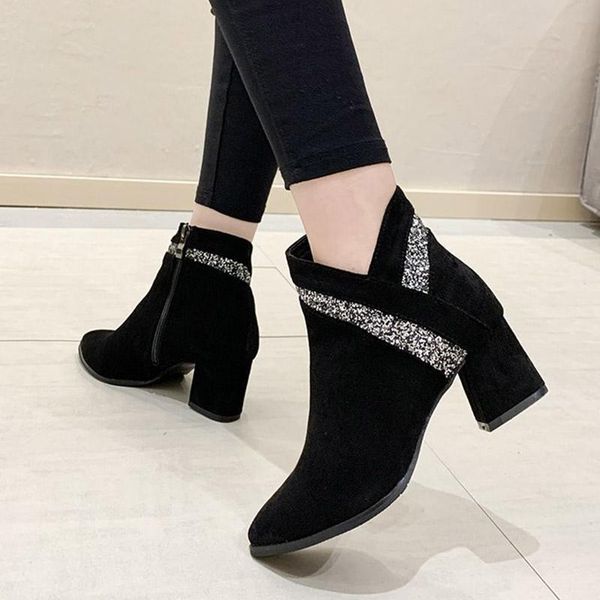 boots high heels ankle 2021 winter fashion bling booties square heeled pointed toe dress shoes flock botas retro mujer, Black
boots high heels ankle 2021 winter fashion bling booties square heeled pointed toe dress shoes flock botas retro mujer, Black