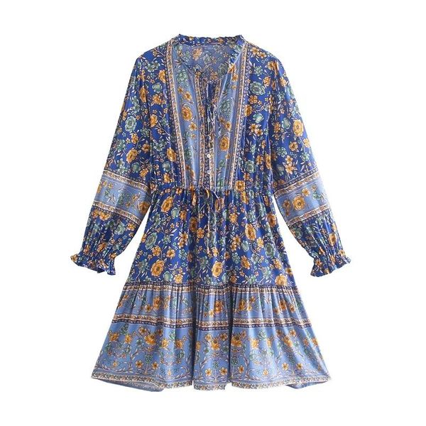 casual dresses vintage blue boho floral print women mini dress long sleeve sling high waist female single breasted femme vestido, Black;gray 
casual dresses vintage blue boho floral print women mini dress long sleeve sling high waist female single breasted femme vestido, Black;gray