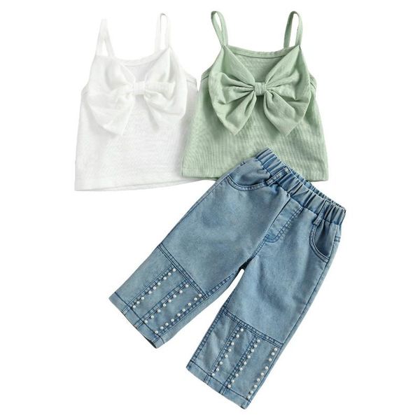 clothing sets summer kids girls 2pcs clothes solid sleeveless bow vest pearl denim pants 1-6y, White
clothing sets summer kids girls 2pcs clothes solid sleeveless bow vest pearl denim pants 1-6y, White
