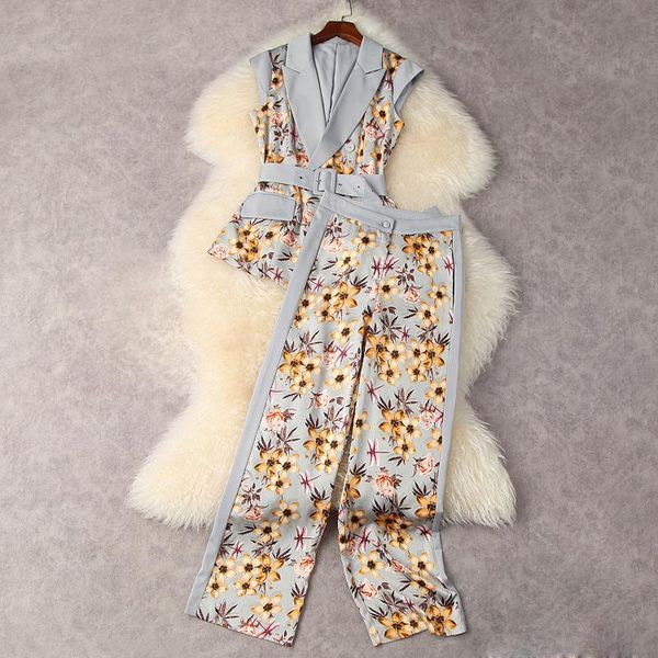 women's two piece pants high street est 2021 summer fashion runway suit set notched collar floral printed vest, White
women's two piece pants high street est 2021 summer fashion runway suit set notched collar floral printed vest, White