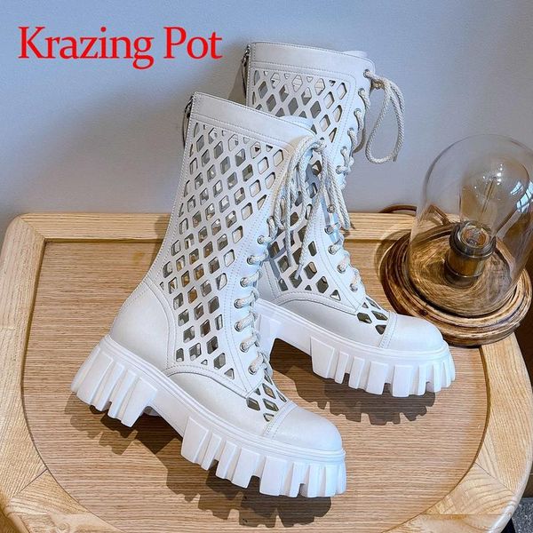 krazing pot summer boots genuine leather round toe high heel vintage lace up thick bottom hollow out mid-calf l8f2, Black
krazing pot summer boots genuine leather round toe high heel vintage lace up thick bottom hollow out mid-calf l8f2, Black