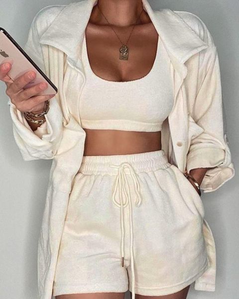 women's tracksuits 3 piece set women fashion crop tank & drawstring pocket shorts with button design long sleeve coat casual lady sets, Gray
women's tracksuits 3 piece set women fashion crop tank & drawstring pocket shorts with button design long sleeve coat casual lady sets, Gray