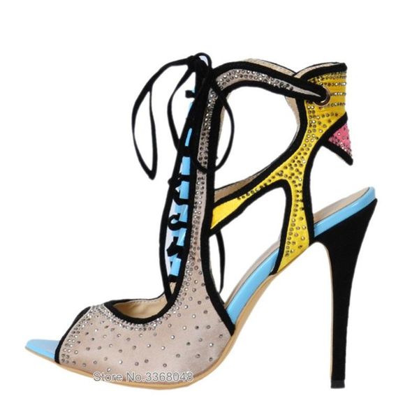 crystal lace up high heels sandals mixed colors peep toe cuts out pumps woman party dress shoes sandalias mujer, Black
crystal lace up high heels sandals mixed colors peep toe cuts out pumps woman party dress shoes sandalias mujer, Black