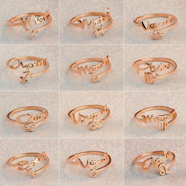 cluster rings 12 constellations zodiac sign finger rose gold color 316 titanium steel adjustable size women's horoscopo, Golden;silver 
cluster rings 12 constellations zodiac sign finger rose gold color 316 titanium steel adjustable size women's horoscopo, Golden;silver