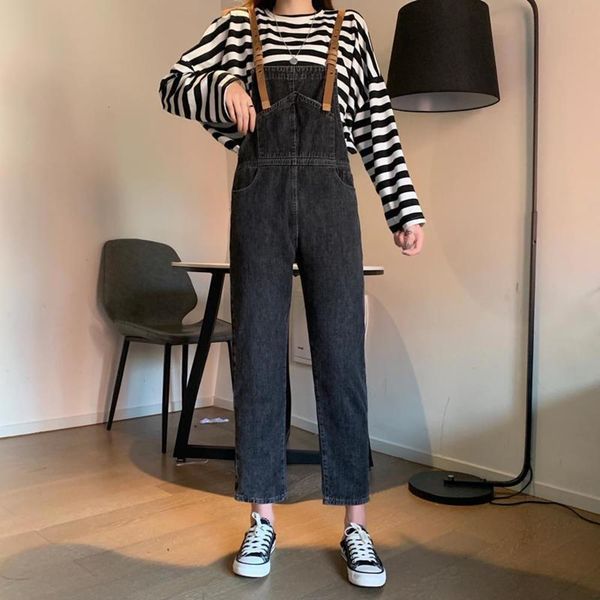 autumn and winter denim suspenders women's version high waist loose thin pants age reducing suspenders, Blue