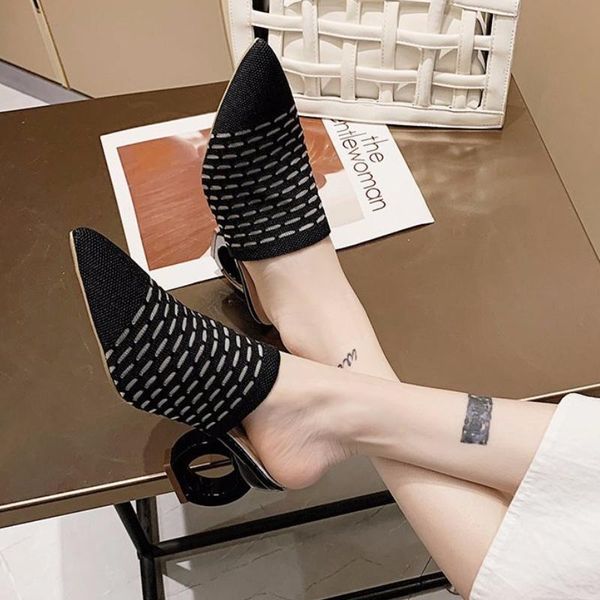 slippers 7cm fretwork heels pointed toe women shoes stretch fabric air mesh mules flip flop slip on slides, Black
slippers 7cm fretwork heels pointed toe women shoes stretch fabric air mesh mules flip flop slip on slides, Black