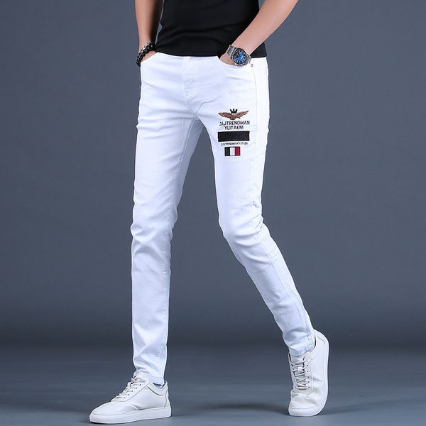 white embroidery jeans slim trend korean fashion brand casual leggings men's long pants spring, Blue
white embroidery jeans slim trend korean fashion brand casual leggings men's long pants spring, Blue