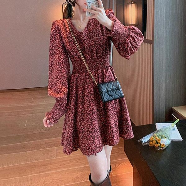 casual dresses fashion women floral puff sleeve v neck high waist elastic a-line ladies party dress vintage korean clothing, Black;gray 
casual dresses fashion women floral puff sleeve v neck high waist elastic a-line ladies party dress vintage korean clothing, Black;gray