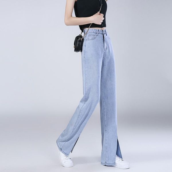 women's jeans the ice silk slit wide-leg high waist is thin and drape loose straight-leg, Blue
women's jeans the ice silk slit wide-leg high waist is thin and drape loose straight-leg, Blue