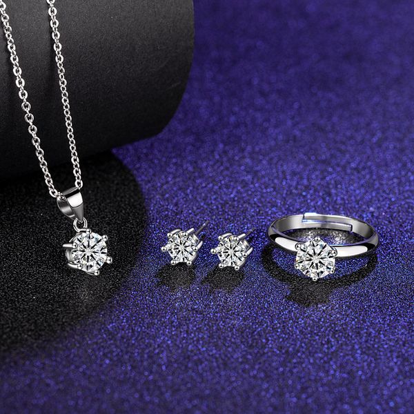 t family classic six claw mossan diamond ring pendant necklace earrings three piece set 925 sier live d color women's model, Silver
t family classic six claw mossan diamond ring pendant necklace earrings three piece set 925 sier live d color women's model, Silver