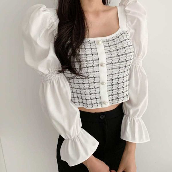 women elegant chiffon puff sleeve patchwork knitted casual blouse ladies chic square collar feminina shirt 210526, White
women elegant chiffon puff sleeve patchwork knitted casual blouse ladies chic square collar feminina shirt 210526, White