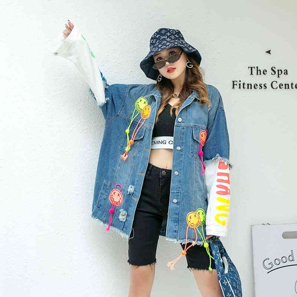 denim mid-length smiley face sequins printed age reduction seam torn jacket trend, Black;brown
denim mid-length smiley face sequins printed age reduction seam torn jacket trend, Black;brown