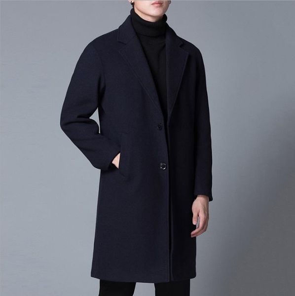 men's wool & blends 2021 winter men's woolen coat casual -length slim handsome suit windbreaker men, Black