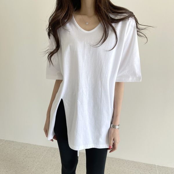 summer solid loose women t shirt short sleeve v-neck splitting tees korean fashion female t-shirts femme 210514, White
summer solid loose women t shirt short sleeve v-neck splitting tees korean fashion female t-shirts femme 210514, White