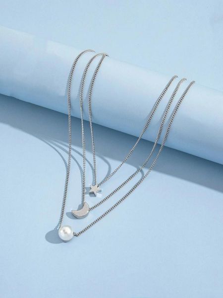 chains fashion star moon necklace female ins temperament pearl three-layered tecklace, Silver 
chains fashion star moon necklace female ins temperament pearl three-layered tecklace, Silver