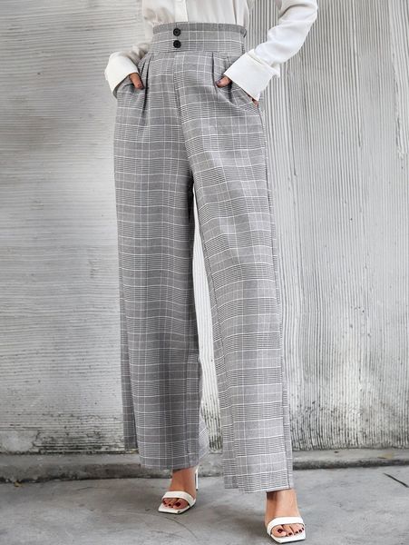 glen plaid slant pockets paperbag waist wide leg pants s2he#, Black;white
