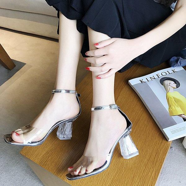 open toe transparent ankle strap women sandals high square heel s hoes cover buckle, Black
open toe transparent ankle strap women sandals high square heel s hoes cover buckle, Black