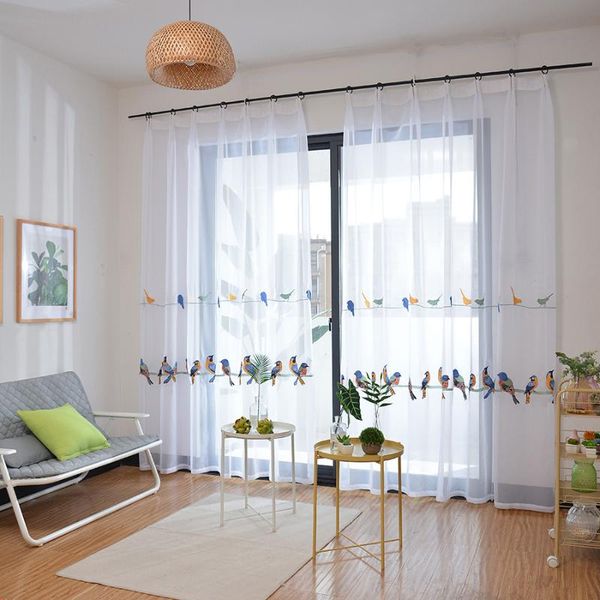 curtain & drapes modern embroidered bird curtains living room cotton linen window tulle for kid bedroom elegant white sheer kitchen