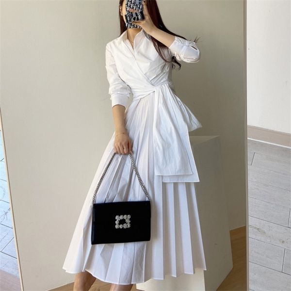 spring french temperament lapel cross strap waist long sleeve pleated dress women korean ol white shirt robe femme 210514, Black;gray
spring french temperament lapel cross strap waist long sleeve pleated dress women korean ol white shirt robe femme 210514, Black;gray