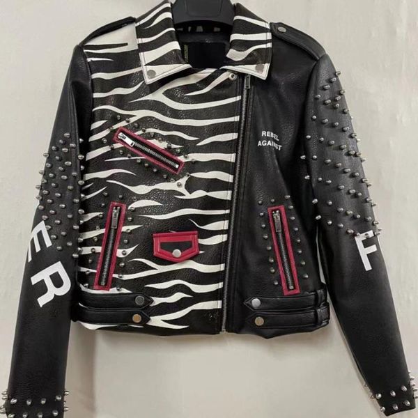 women's leather & faux spring autumn street fashion long sleeves rivet pu jacket graffiti printed punk style motorcycle slim coat, Black
women's leather & faux spring autumn street fashion long sleeves rivet pu jacket graffiti printed punk style motorcycle slim coat, Black